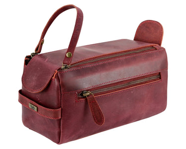 Premium Cowhide Leather Toiletry Bag Travel Dopp Kit Distressed Maroon -